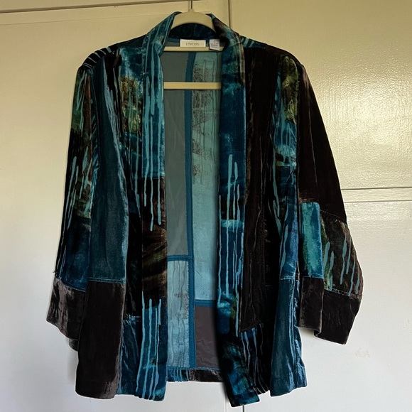 Chico's Jackets & Blazers - Chicos Jacket Blue Brown Velour Burnout Patchwork Kimono Size 1